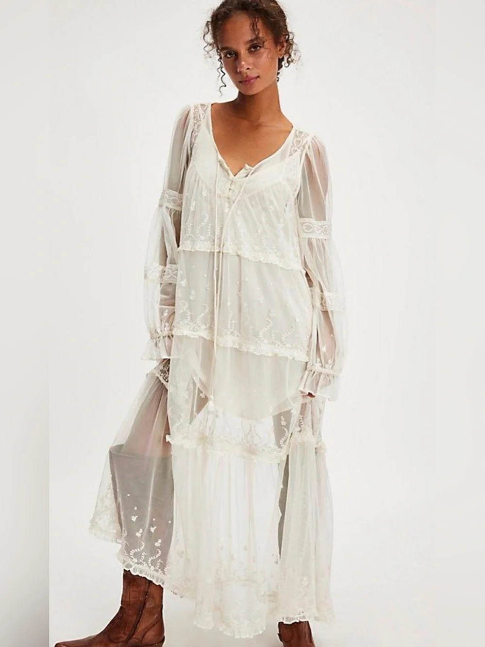 Free People Stevie Embroidered Sheer Mesh Maxi Dress Size Small Ivory